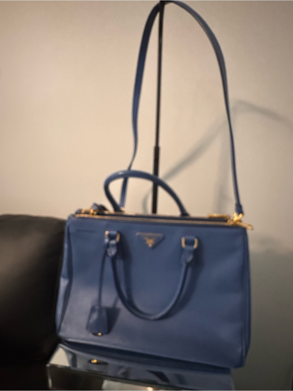 Prada Blue Leather Top-Handle Satchel with Gold Hardware